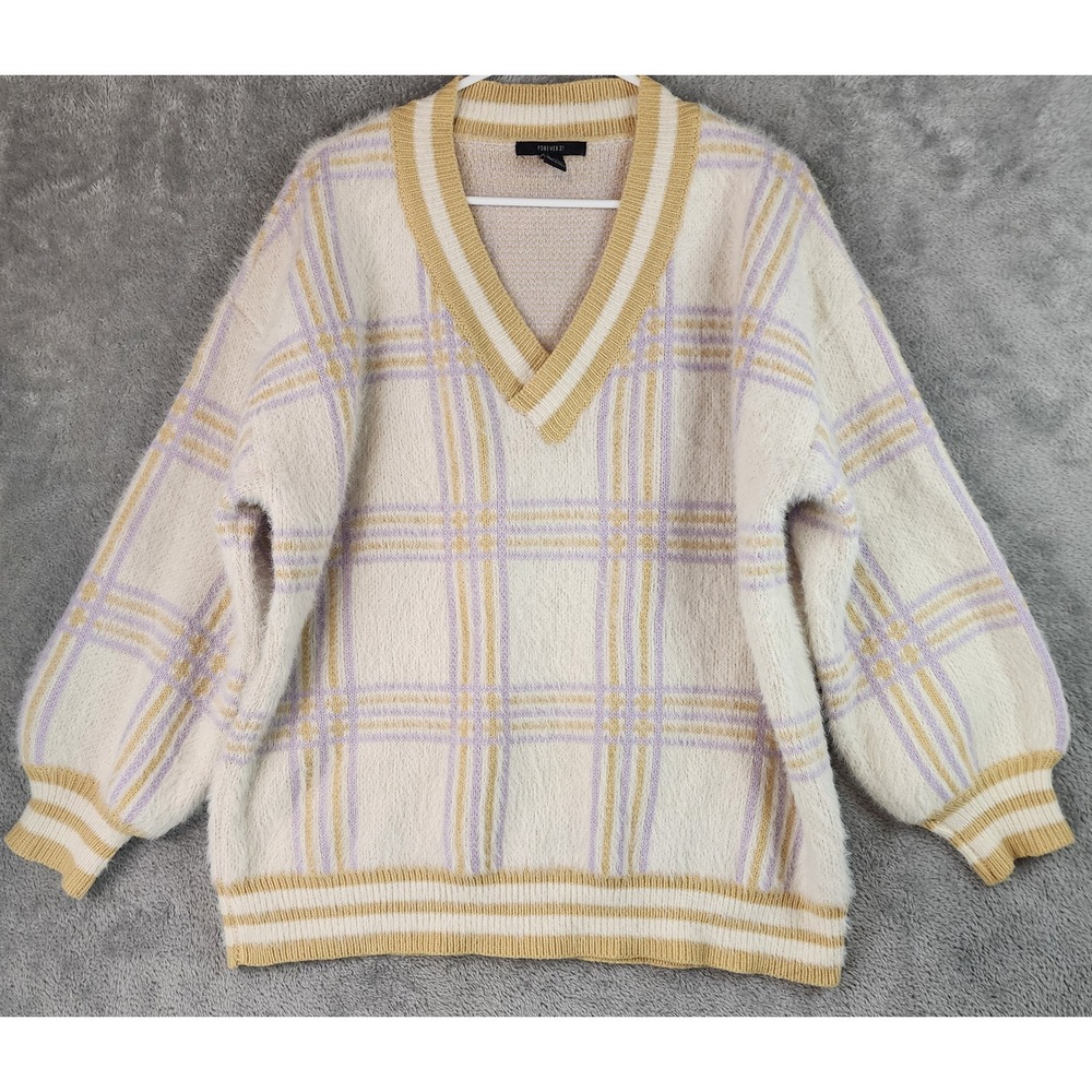 Forever 21 Sweater Womens Medium Purple Yellow Checkered Fuzzy Plaid V Neck